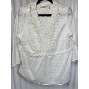 Soft Surroundings Woman’s Blouse Size M White Lace Trim, Embroidery & Jacquard